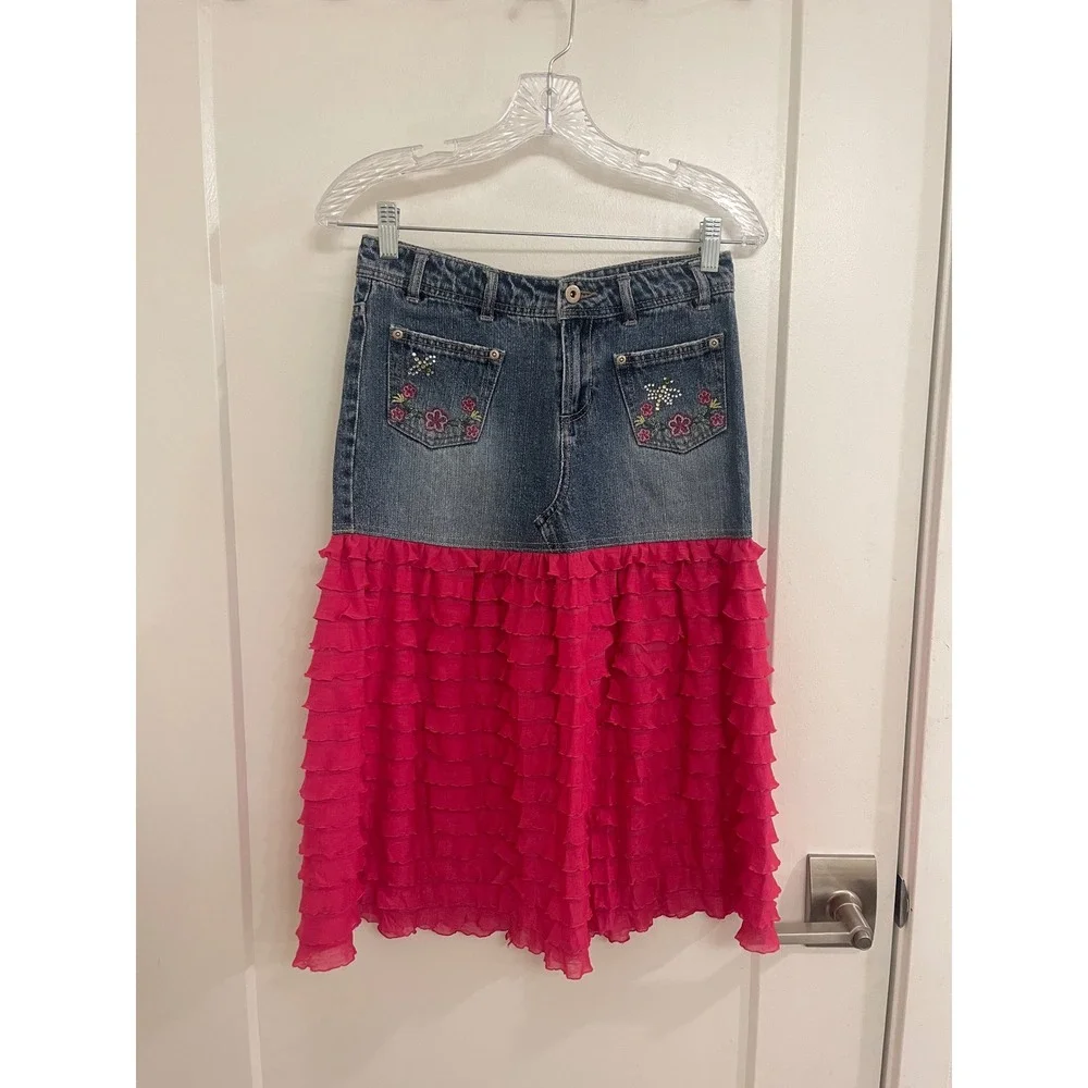 Vintage Y2K Denim‎ Embroidered Fairycore Skirt Ruffle Hot Pink